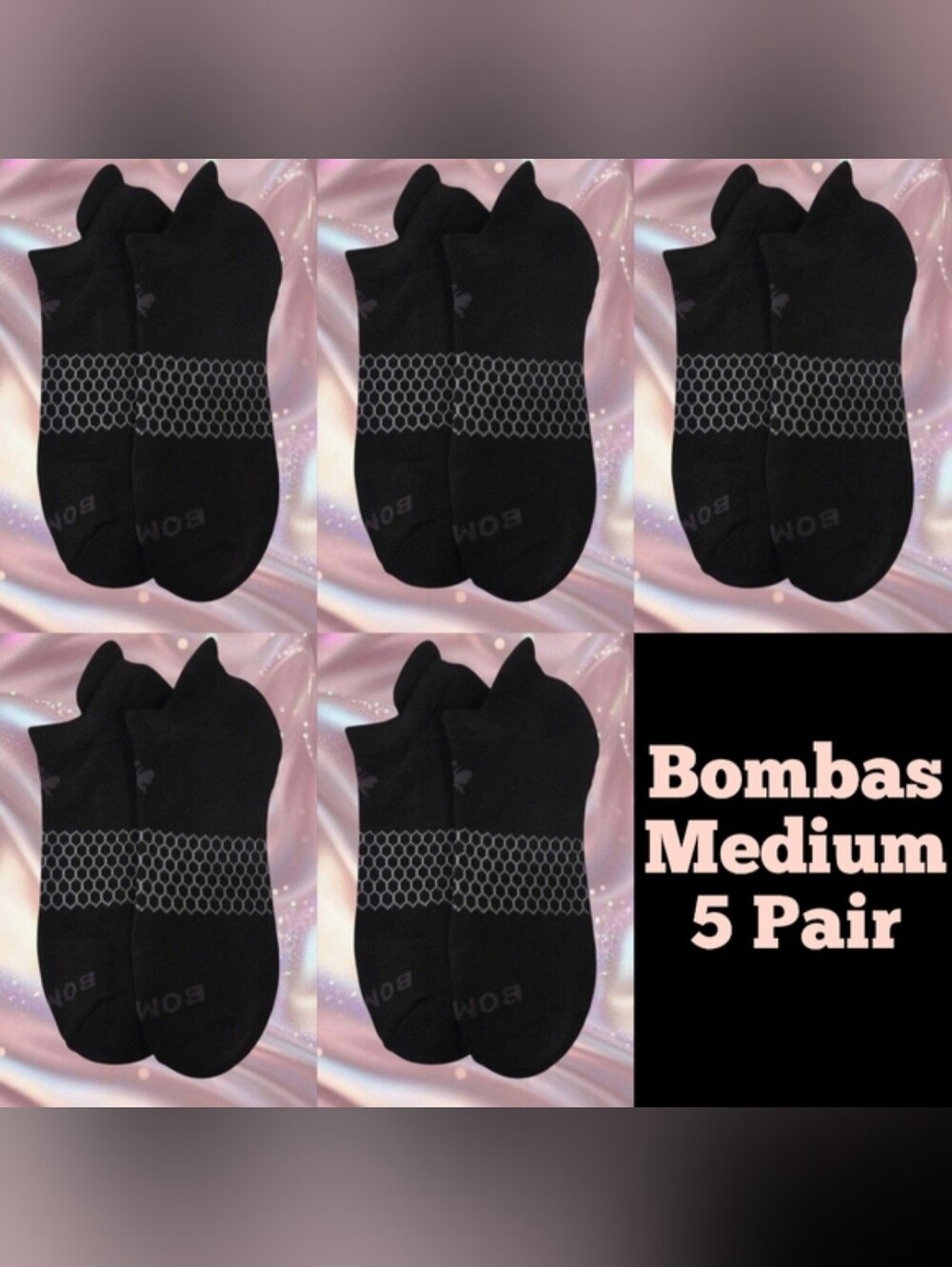 Bombas Ankle Socks Medium 5 Pair Unisex Womens & Mens Honeycomb Black/Grey BNWT